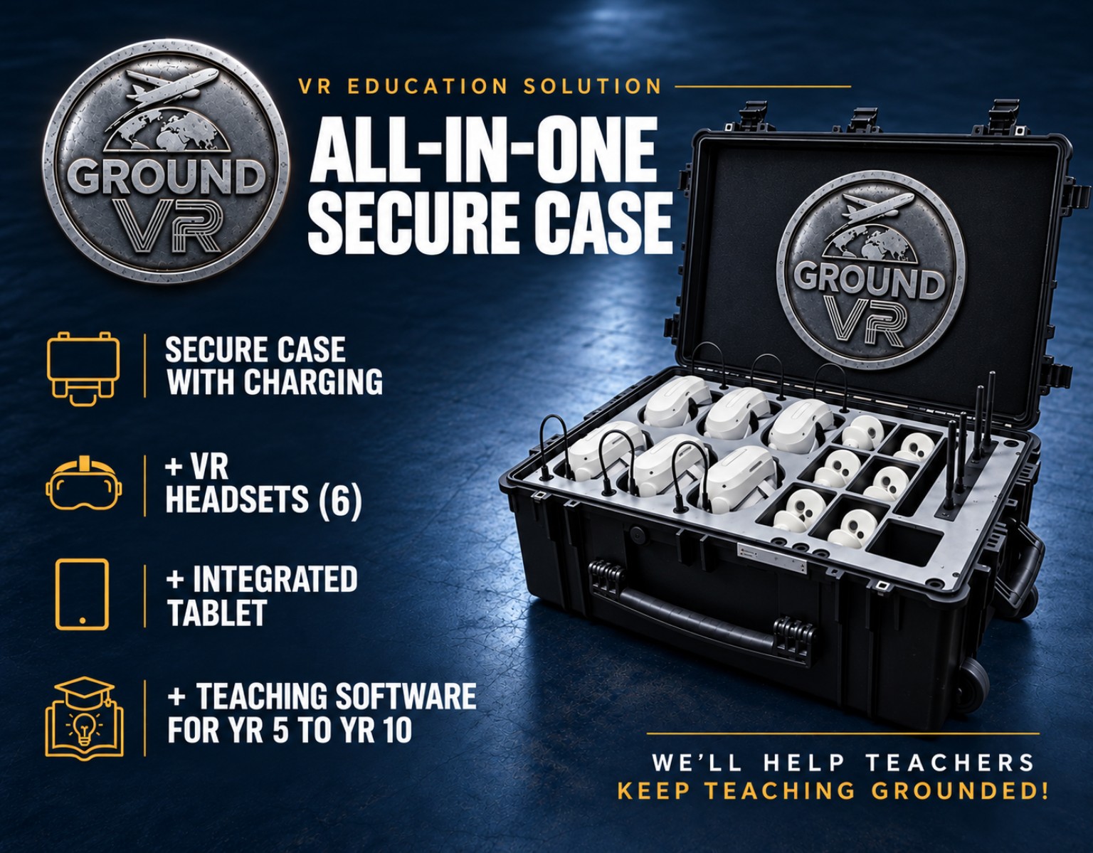 GroundVR All-in-One Secure Case with six VR headsets and integrated tablet