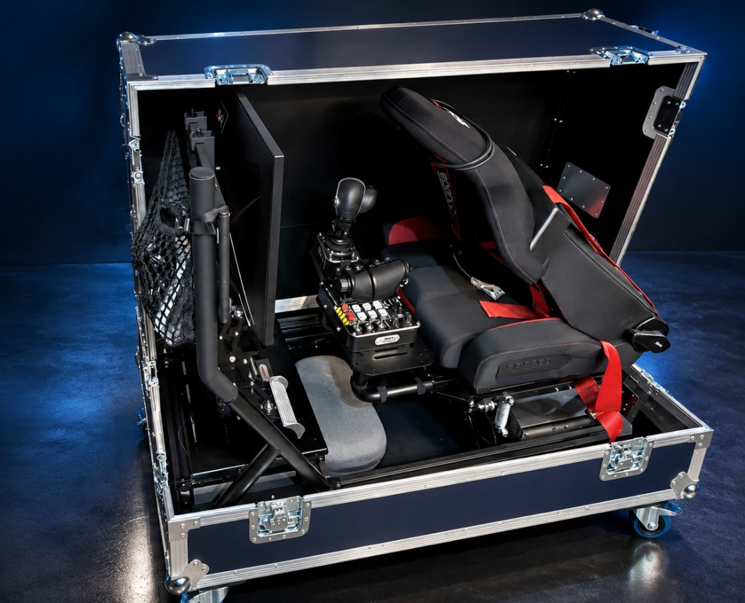 All-in-One VR Motion Simulator packed inside its rugged six-wheeled flight case
